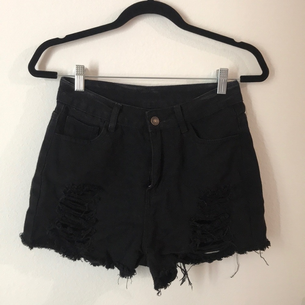 Cheap Black Ripped Denim Shorts